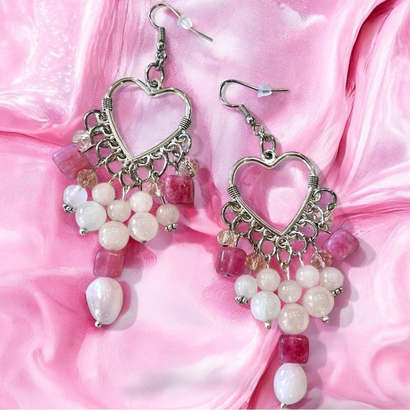 Rose Quartz and Crystals Heart Shaped Silver Toned Chandelier Earrings - Picture 10 of 17